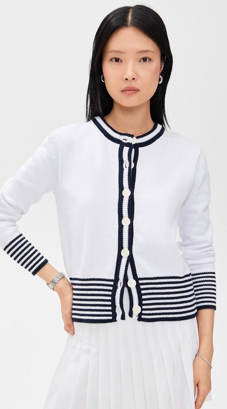 Addison Bay Coastal Cardigan Crewneck Long Sleeve White with Navy Blue size XXS